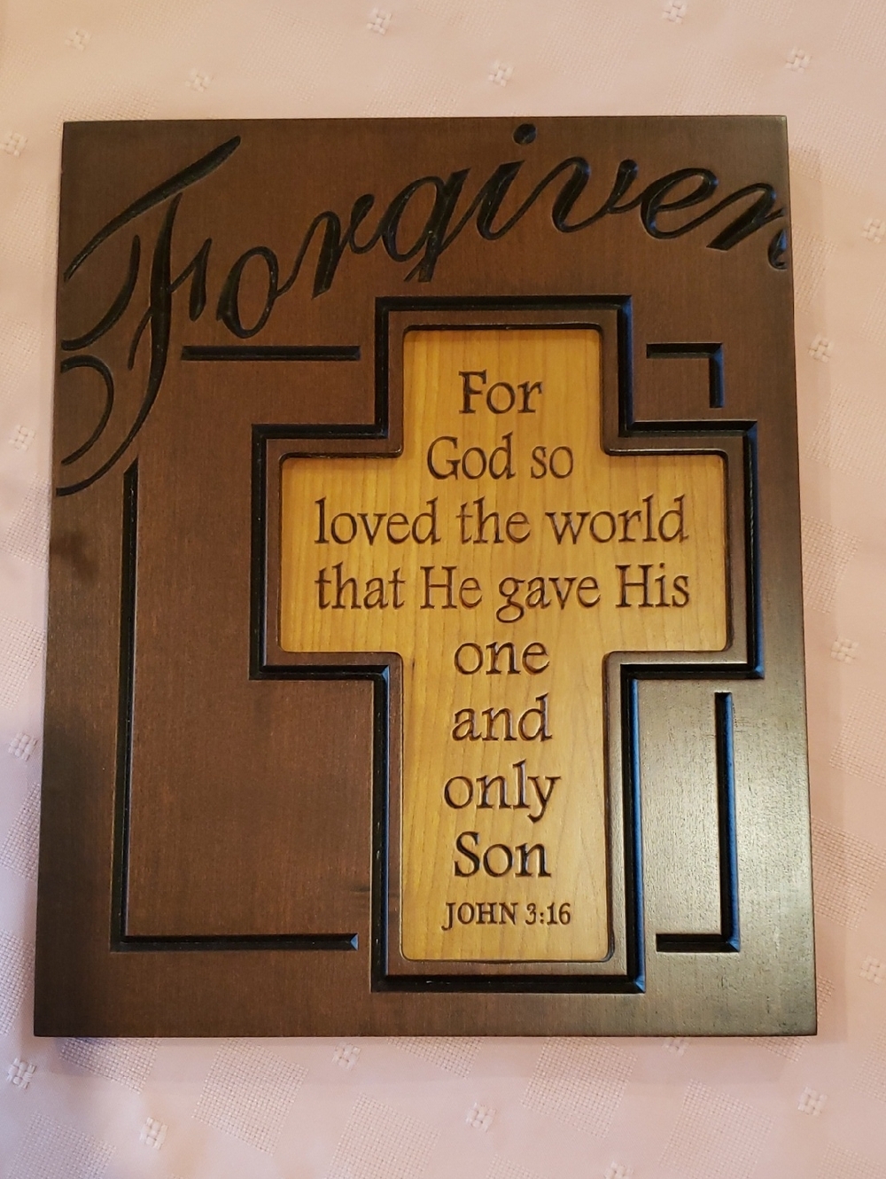 Forgiven Cross Cherry Wood Wall Plaque - P Graham Dunn